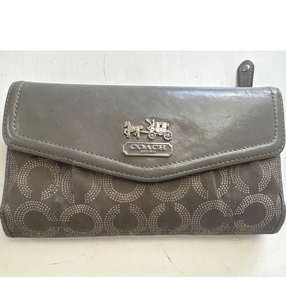 Vintage y2k Coach Grey Signature Jacquard Leather Trifold Wallet W/ checkbook